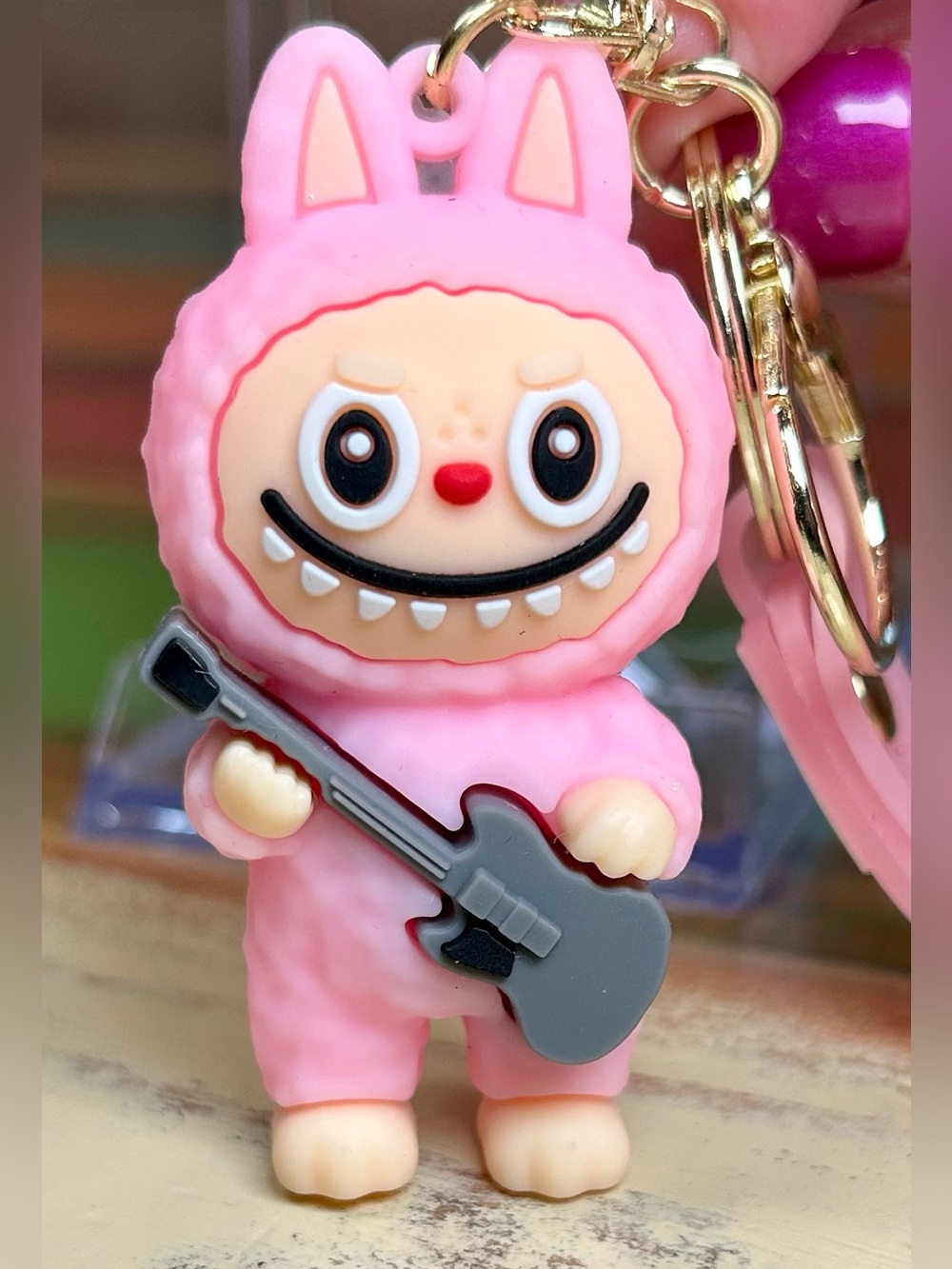 Pop-Punk 3D Pink Bunny Monster Silicone Keychain Charm Guitar Theme Wristlet